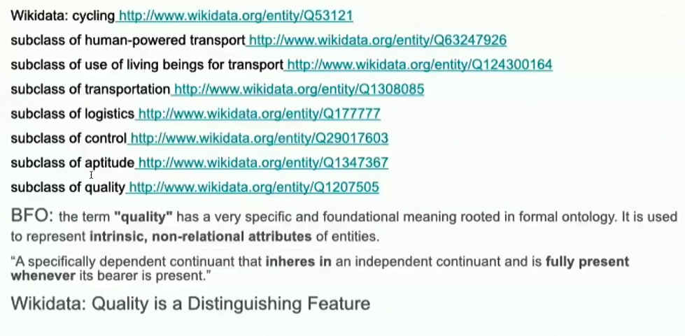 Wikidata Example: subclass path from ‘cycling’ to ‘quality’